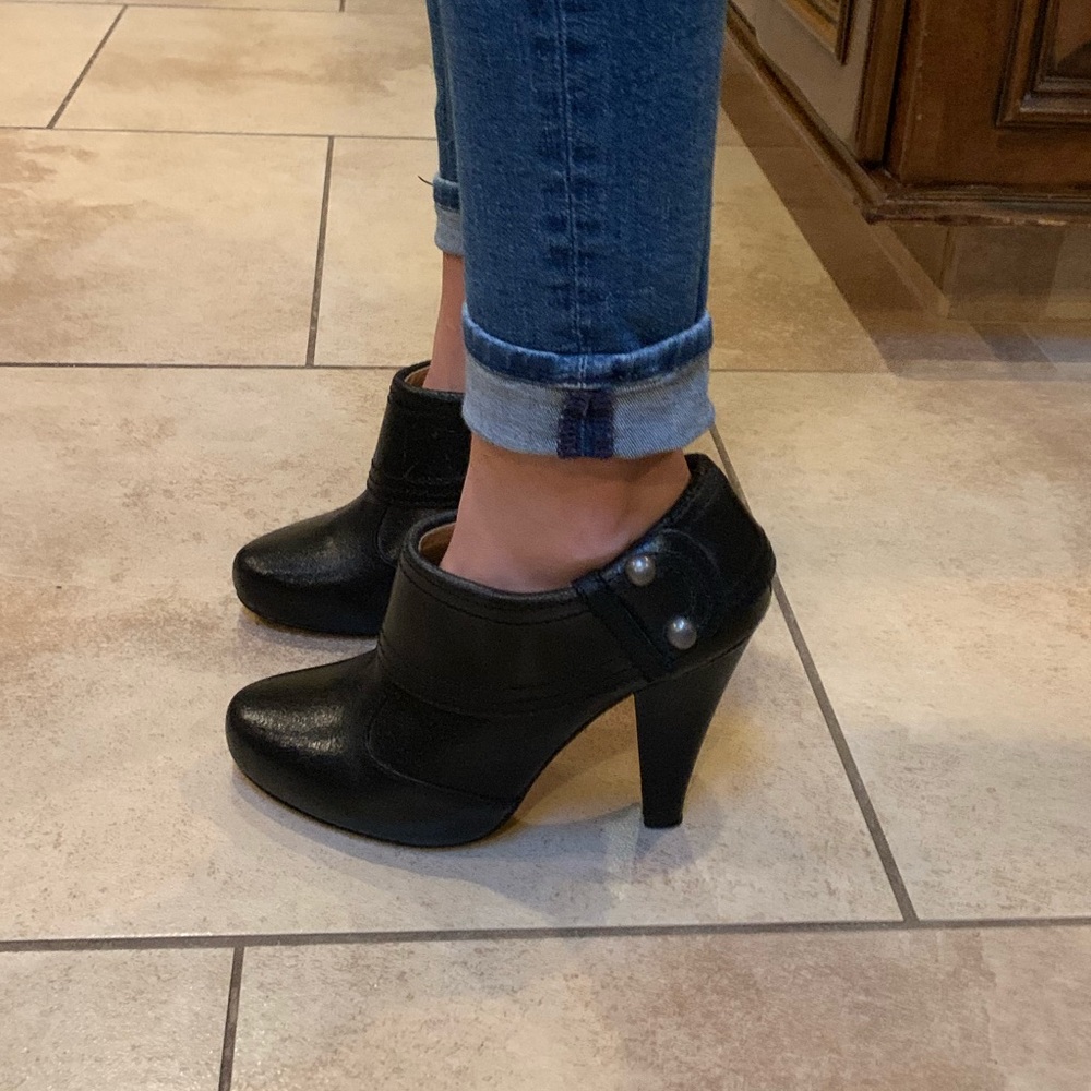 Anthropologie Black Leather Ankle Booties with Decorative Buttons